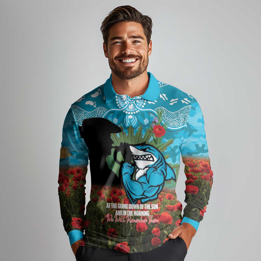 Personalised Sharks Rugby ANZAC Day Long Sleeve Polo Shirt Last Post Poppy We Will Remember Them