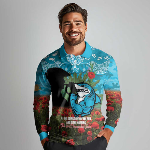 Personalised Sharks Rugby ANZAC Day Long Sleeve Polo Shirt Last Post Poppy We Will Remember Them