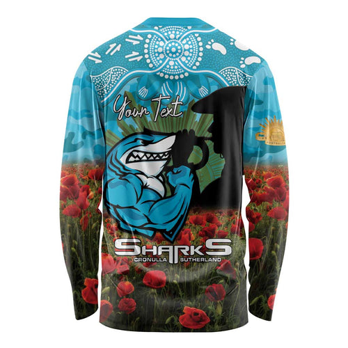 Personalised Sharks Rugby ANZAC Day Long Sleeve Shirt Last Post Poppy We Will Remember Them