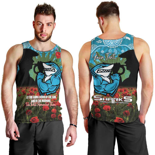 Personalised Sharks Rugby ANZAC Day Men Tank Top Last Post Poppy We Will Remember Them