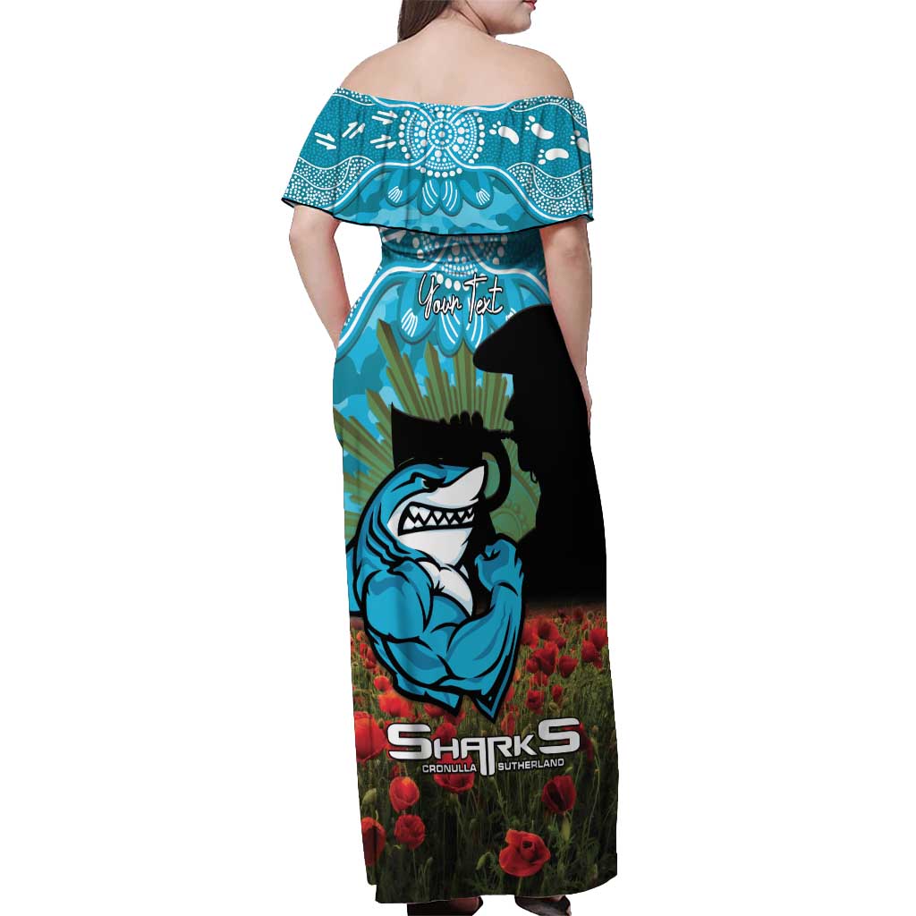 Personalised Sharks Rugby ANZAC Day Off Shoulder Maxi Dress Last Post Poppy We Will Remember Them