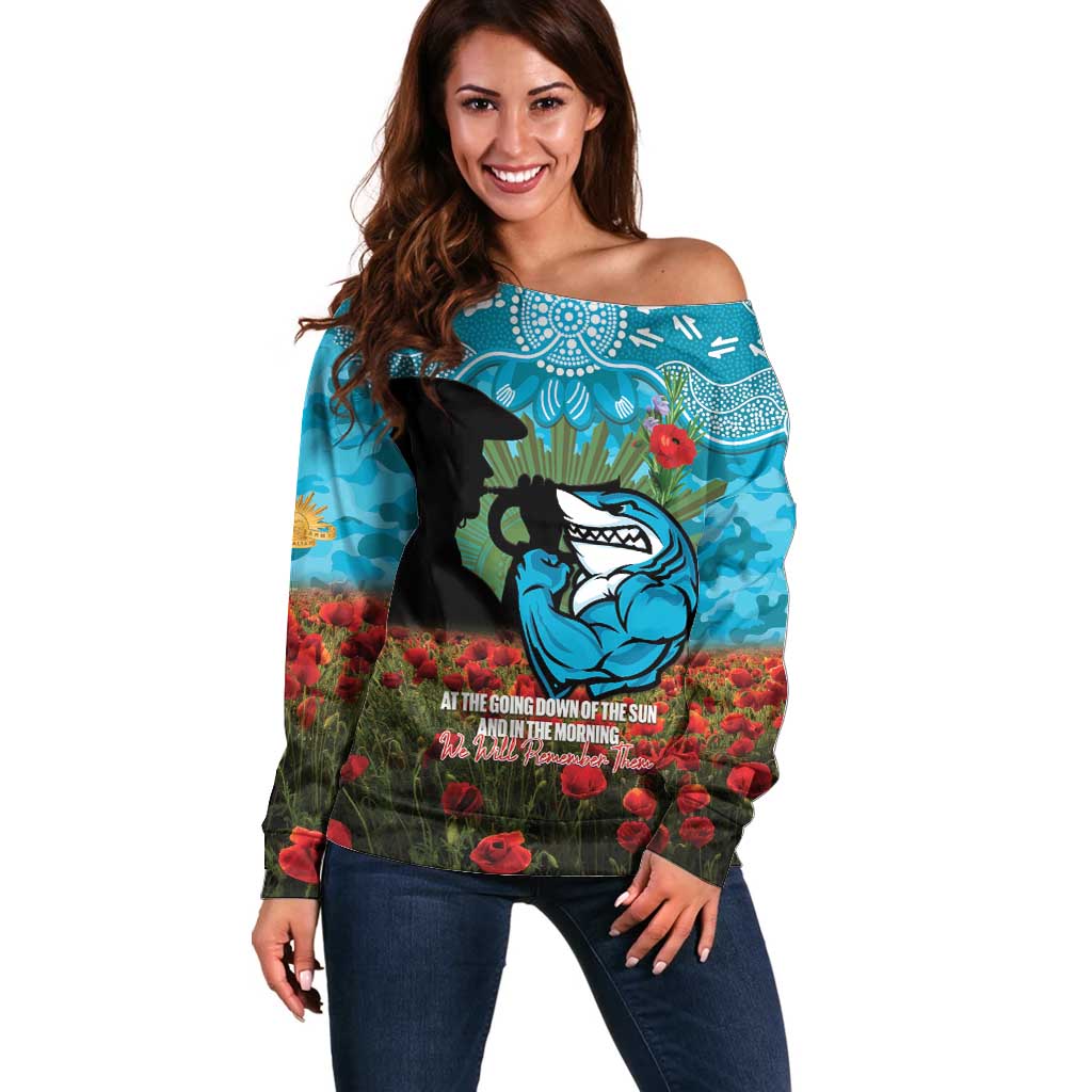 Personalised Sharks Rugby ANZAC Day Off Shoulder Sweater Last Post Poppy We Will Remember Them