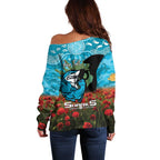 Personalised Sharks Rugby ANZAC Day Off Shoulder Sweater Last Post Poppy We Will Remember Them