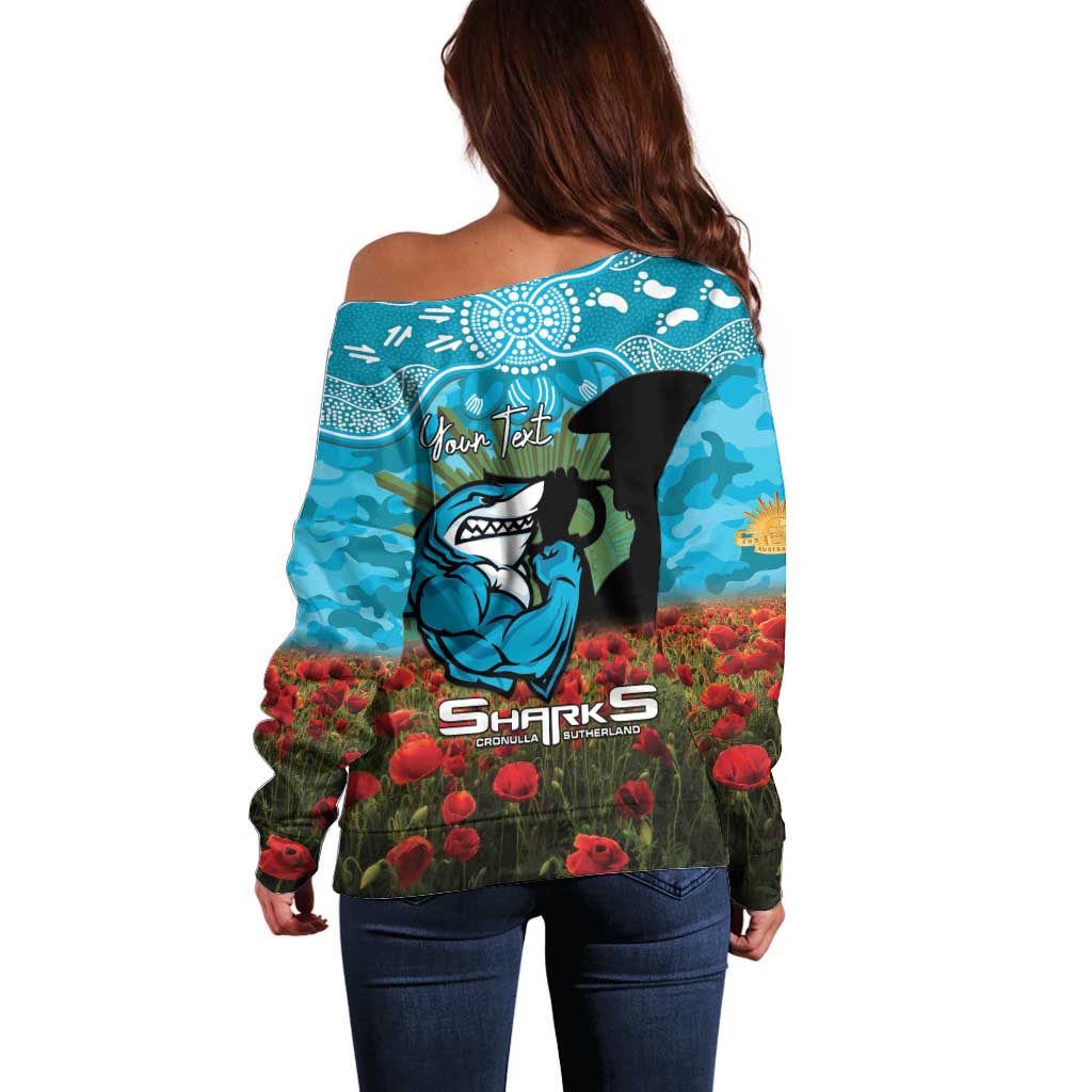 Personalised Sharks Rugby ANZAC Day Off Shoulder Sweater Last Post Poppy We Will Remember Them