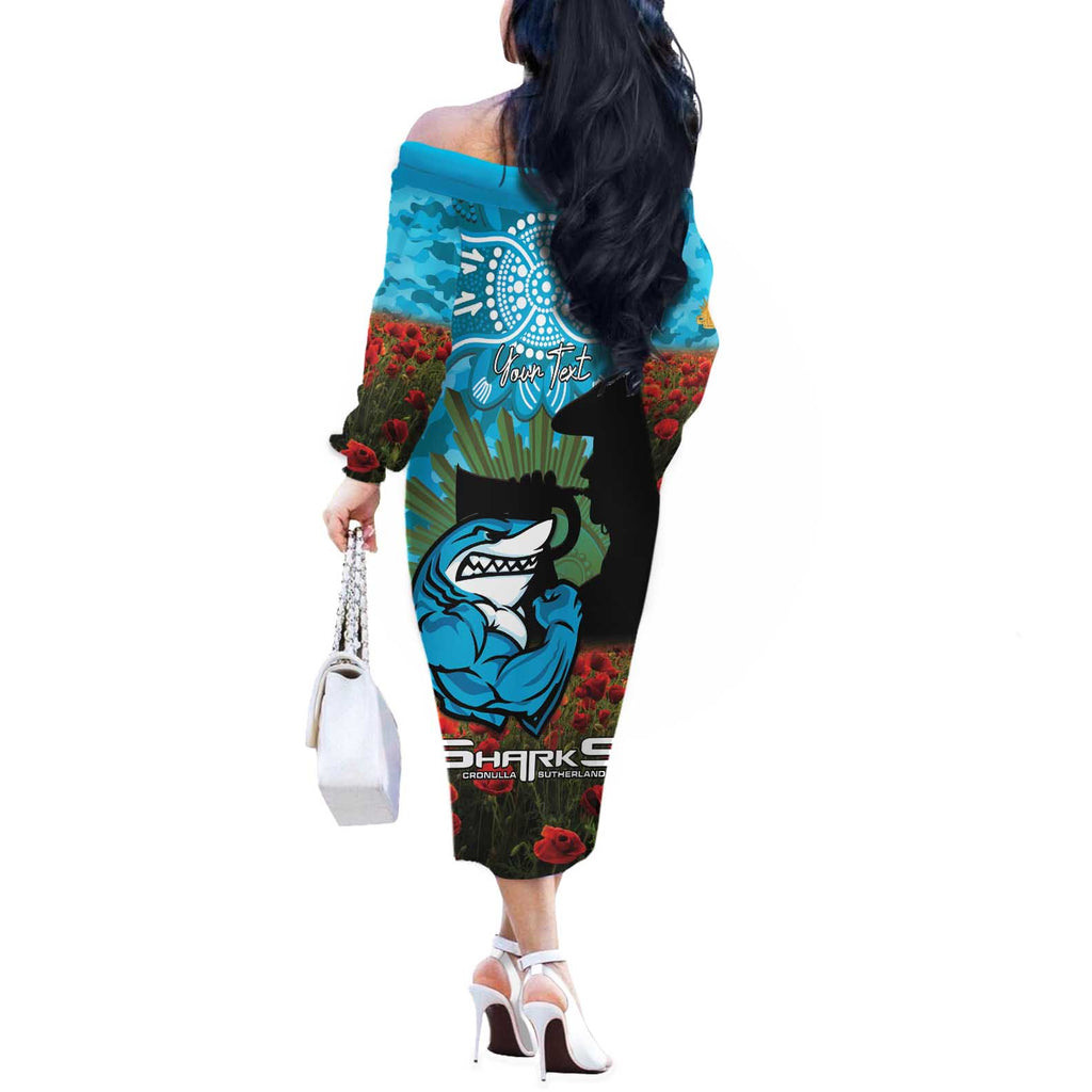 Personalised Sharks Rugby ANZAC Day Off The Shoulder Long Sleeve Dress Last Post Poppy We Will Remember Them
