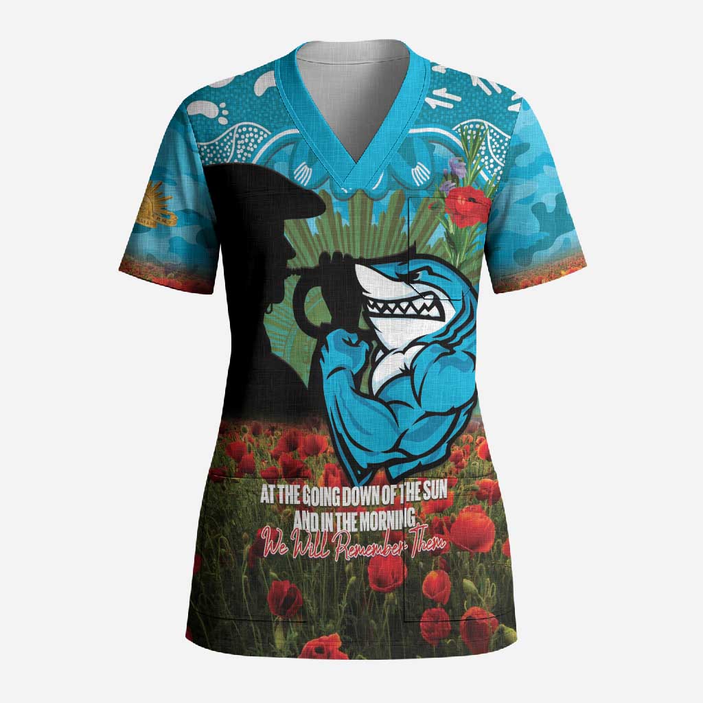 Personalised Sharks Rugby ANZAC Day Scrub Top Last Post Poppy We Will Remember Them