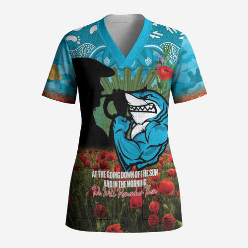 Personalised Sharks Rugby ANZAC Day Scrub Top Last Post Poppy We Will Remember Them