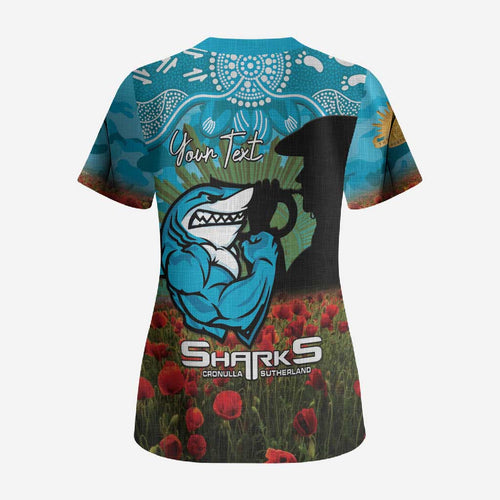 Personalised Sharks Rugby ANZAC Day Scrub Top Last Post Poppy We Will Remember Them