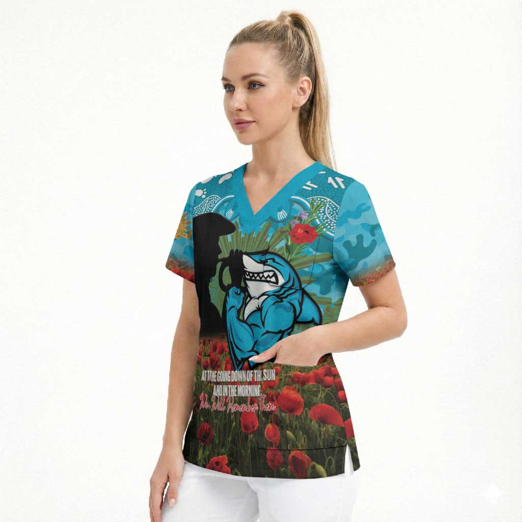 Personalised Sharks Rugby ANZAC Day Scrub Top Last Post Poppy We Will Remember Them