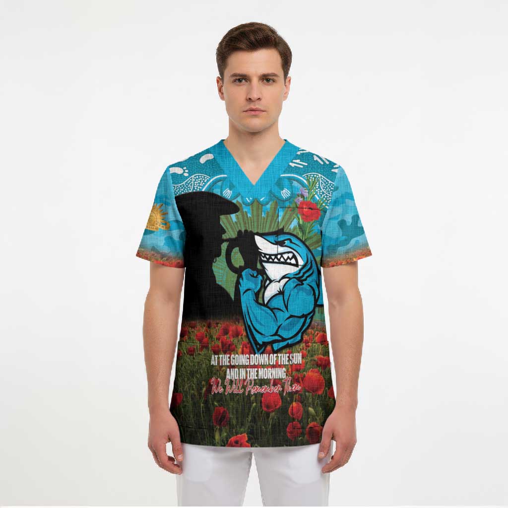 Personalised Sharks Rugby ANZAC Day Scrub Top Last Post Poppy We Will Remember Them