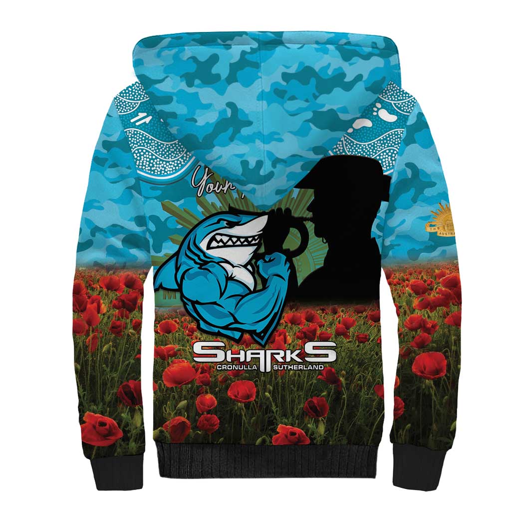 Personalised Sharks Rugby ANZAC Day Sherpa Hoodie Last Post Poppy We Will Remember Them