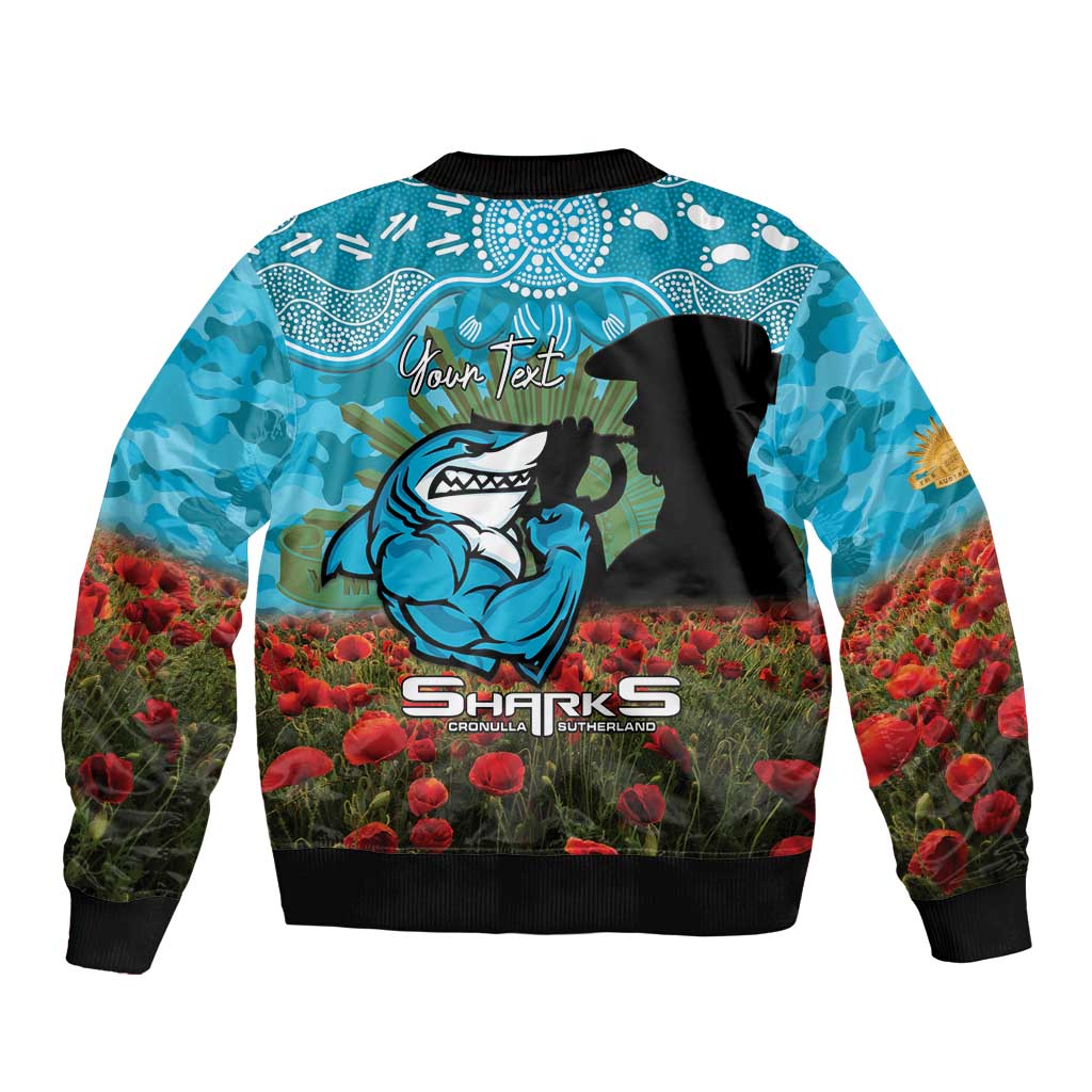 Personalised Sharks Rugby ANZAC Day Sleeve Zip Bomber Jacket Last Post Poppy We Will Remember Them