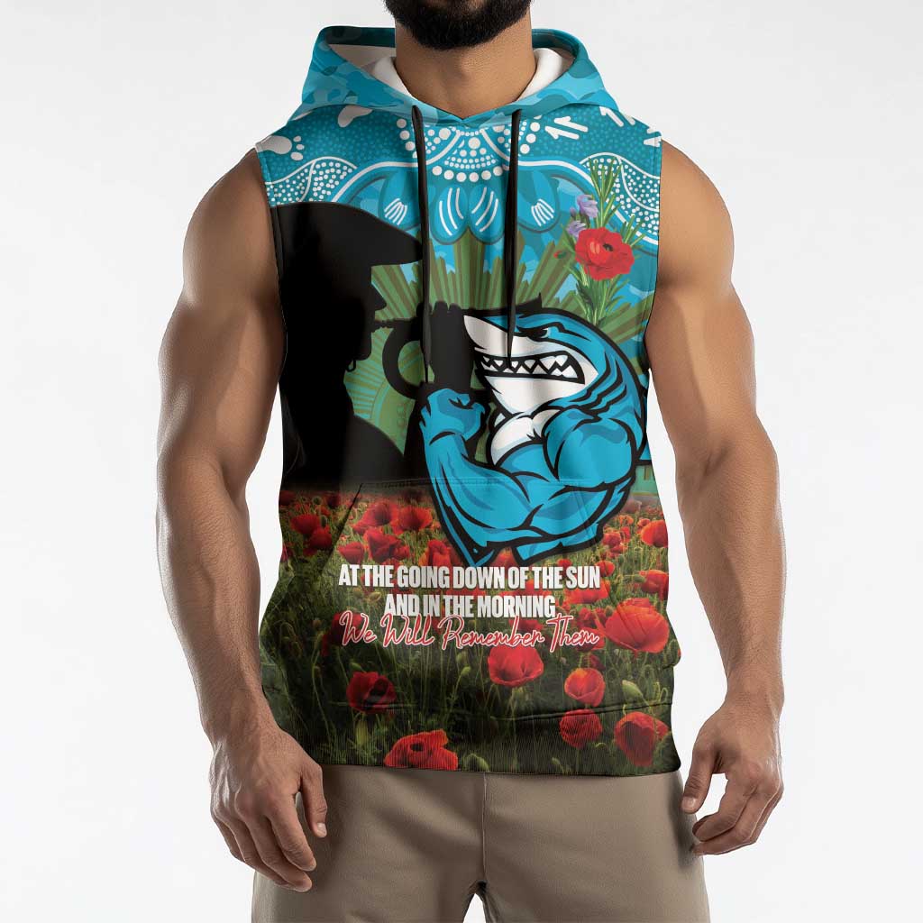 Personalised Sharks Rugby ANZAC Day Sleeveless Hoodie Last Post Poppy We Will Remember Them