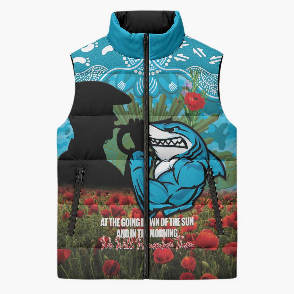 Personalised Sharks Rugby ANZAC Day Sleeveless Puffer Jacket Last Post Poppy We Will Remember Them