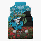 Personalised Sharks Rugby ANZAC Day Sleeveless Puffer Jacket Last Post Poppy We Will Remember Them