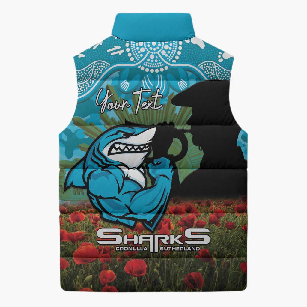 Personalised Sharks Rugby ANZAC Day Sleeveless Puffer Jacket Last Post Poppy We Will Remember Them