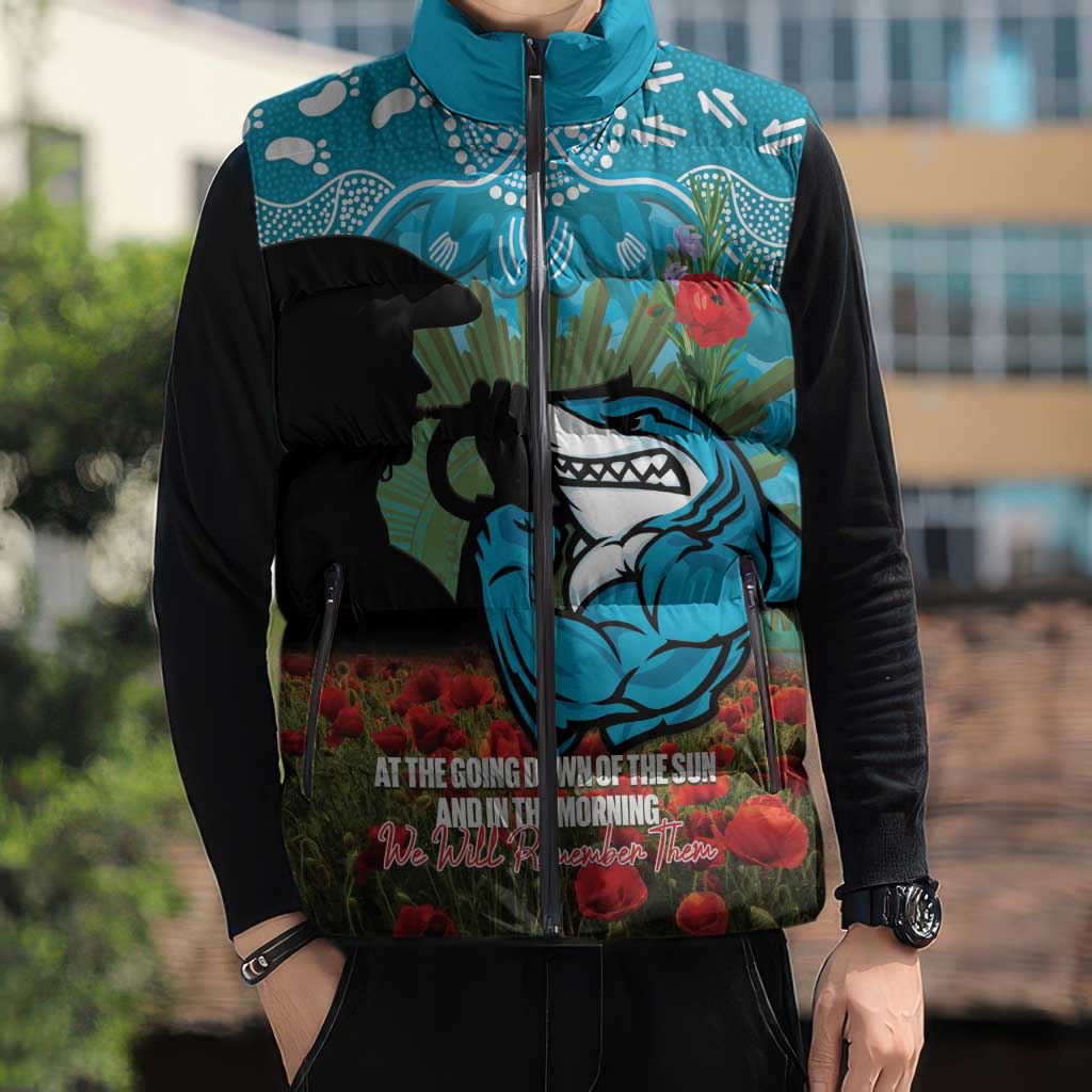 Personalised Sharks Rugby ANZAC Day Sleeveless Puffer Jacket Last Post Poppy We Will Remember Them