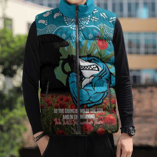Personalised Sharks Rugby ANZAC Day Sleeveless Puffer Jacket Last Post Poppy We Will Remember Them