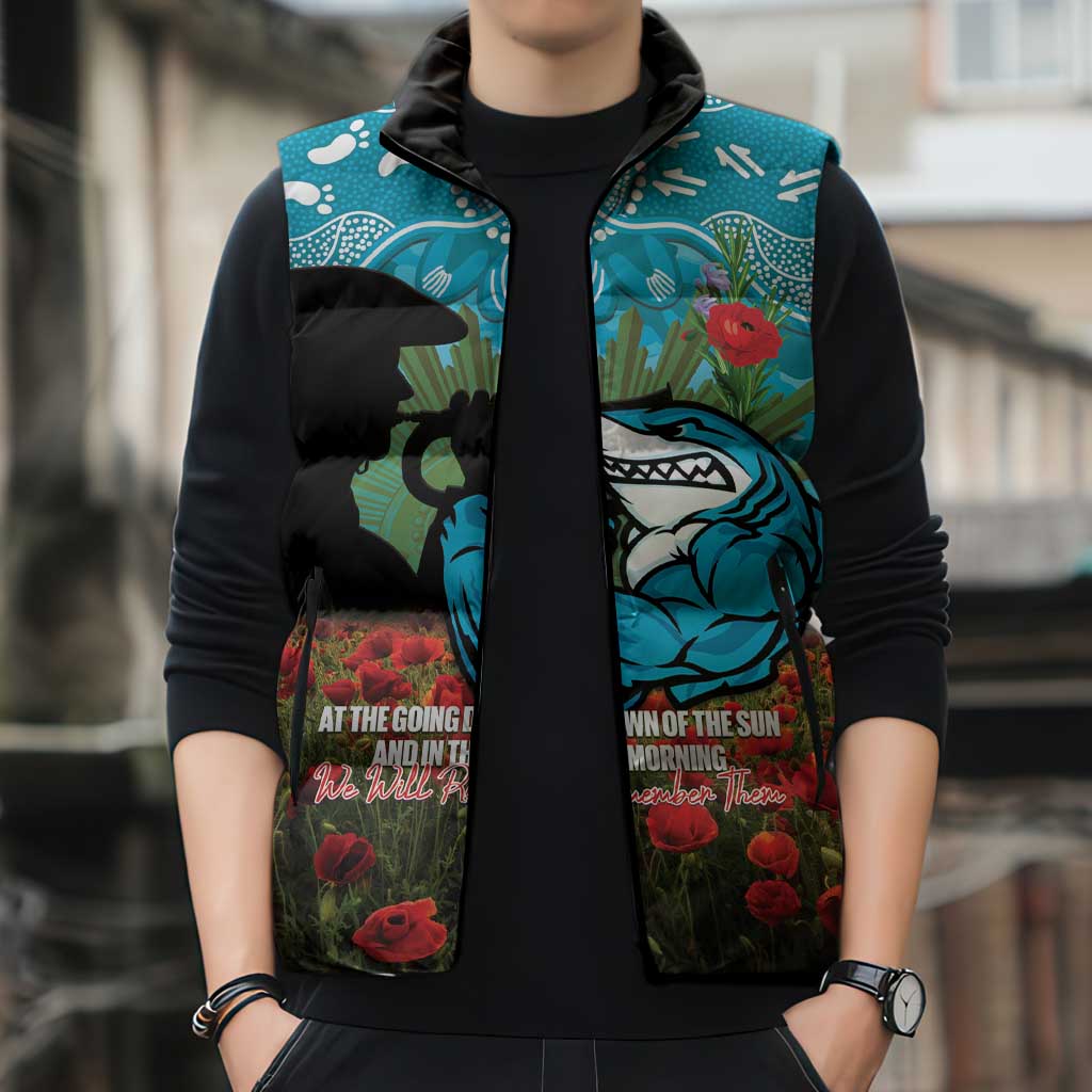 Personalised Sharks Rugby ANZAC Day Sleeveless Puffer Jacket Last Post Poppy We Will Remember Them