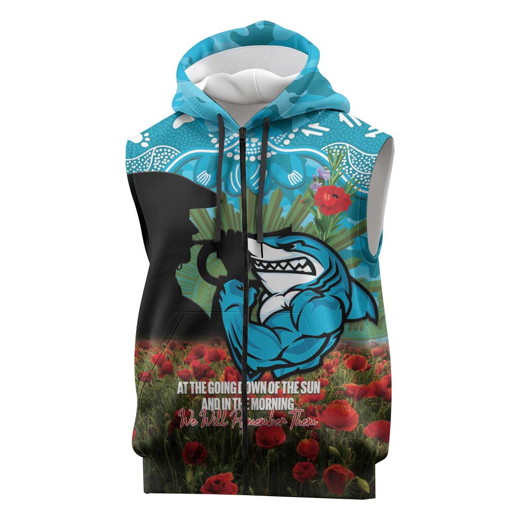 Personalised Sharks Rugby ANZAC Day Sleeveless Zip Hoodie Last Post Poppy We Will Remember Them