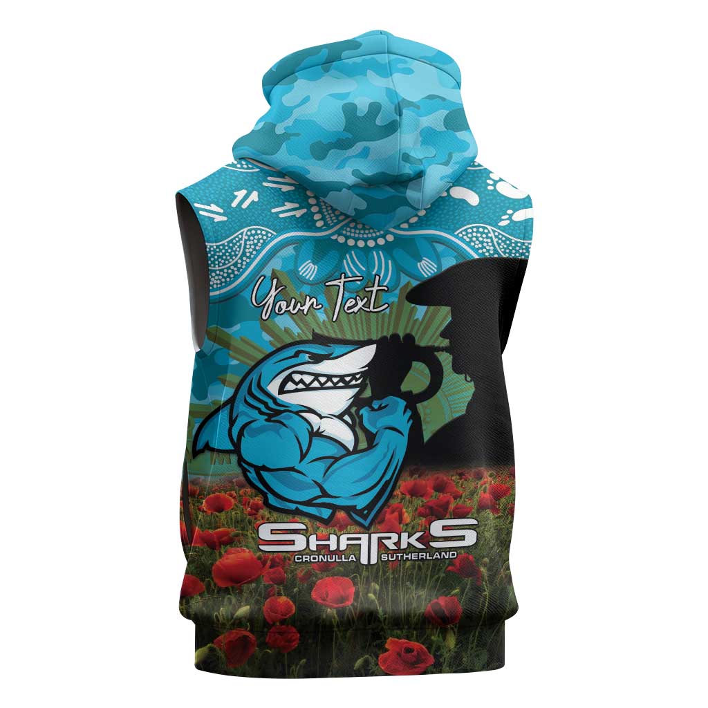 Personalised Sharks Rugby ANZAC Day Sleeveless Zip Hoodie Last Post Poppy We Will Remember Them