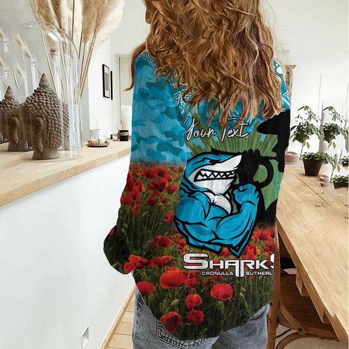 Personalised Sharks Rugby ANZAC Day Women Casual Shirt Last Post Poppy We Will Remember Them