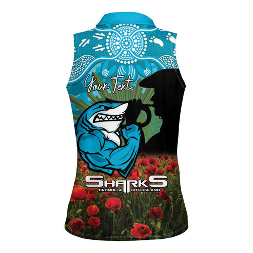 Personalised Sharks Rugby ANZAC Day Women Sleeveless Polo Shirt Last Post Poppy We Will Remember Them