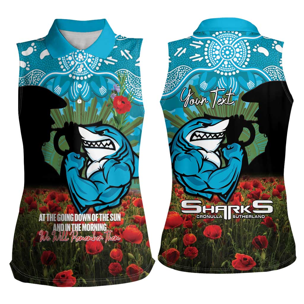 Personalised Sharks Rugby ANZAC Day Women Sleeveless Polo Shirt Last Post Poppy We Will Remember Them