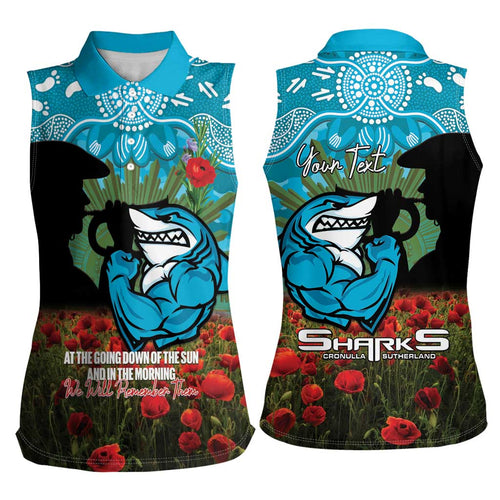 Personalised Sharks Rugby ANZAC Day Women Sleeveless Polo Shirt Last Post Poppy We Will Remember Them