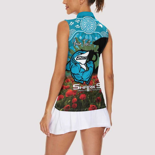 Personalised Sharks Rugby ANZAC Day Women Sleeveless Polo Shirt Last Post Poppy We Will Remember Them