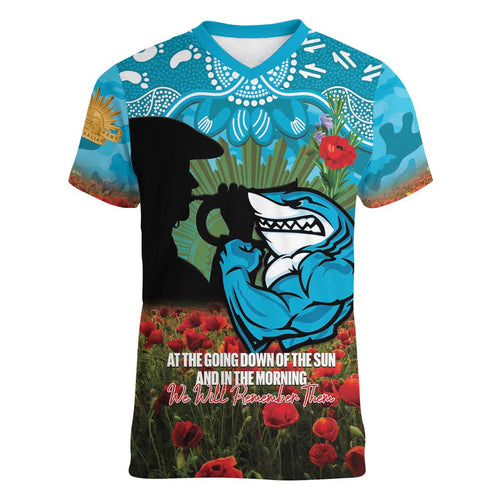 Personalised Sharks Rugby ANZAC Day Women V-Neck T-Shirt Last Post Poppy We Will Remember Them