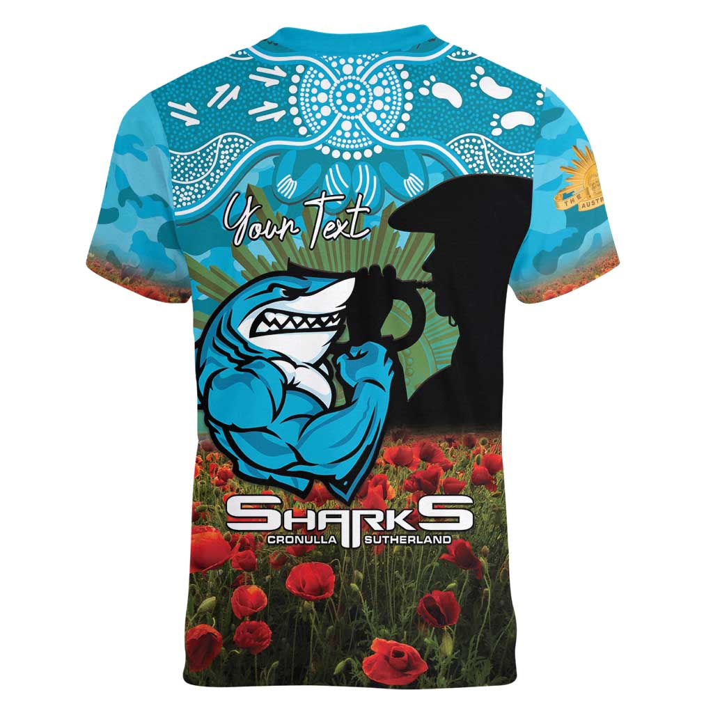Personalised Sharks Rugby ANZAC Day Women V-Neck T-Shirt Last Post Poppy We Will Remember Them