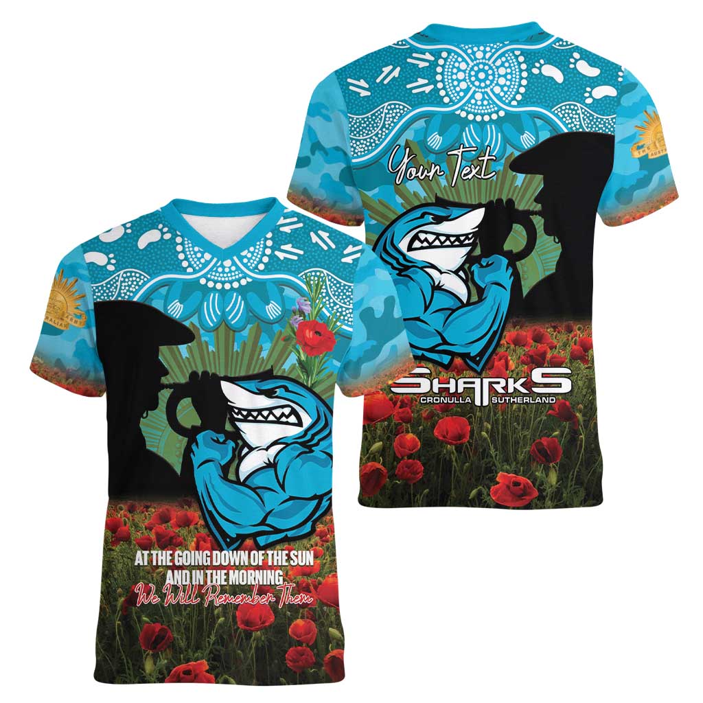 Personalised Sharks Rugby ANZAC Day Women V-Neck T-Shirt Last Post Poppy We Will Remember Them