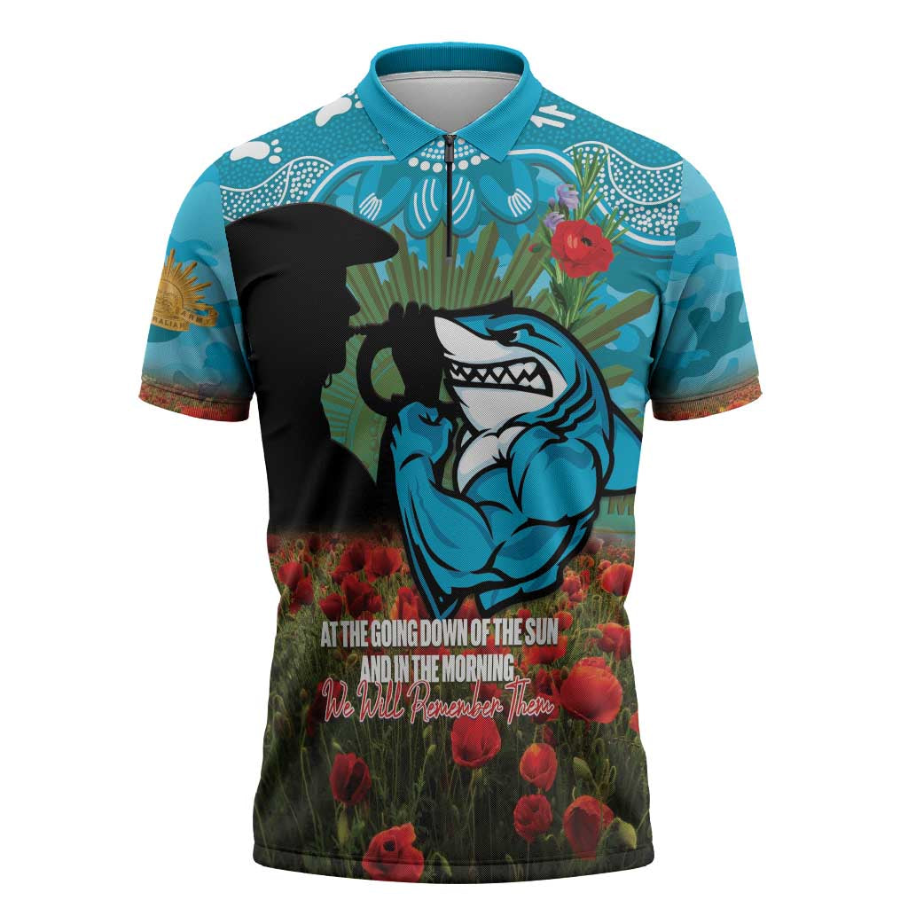 Personalised Sharks Rugby ANZAC Day Zipper Polo Shirt Last Post Poppy We Will Remember Them
