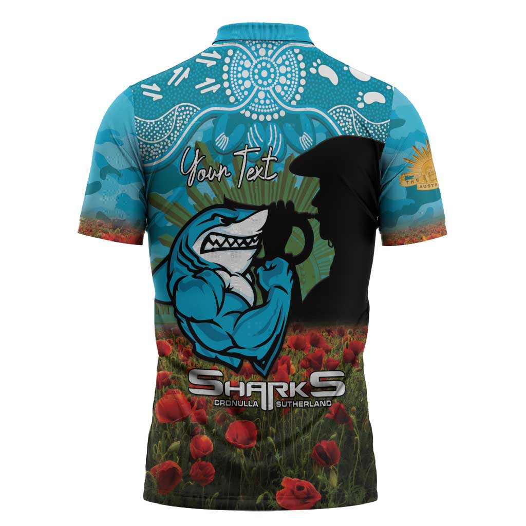 Personalised Sharks Rugby ANZAC Day Zipper Polo Shirt Last Post Poppy We Will Remember Them