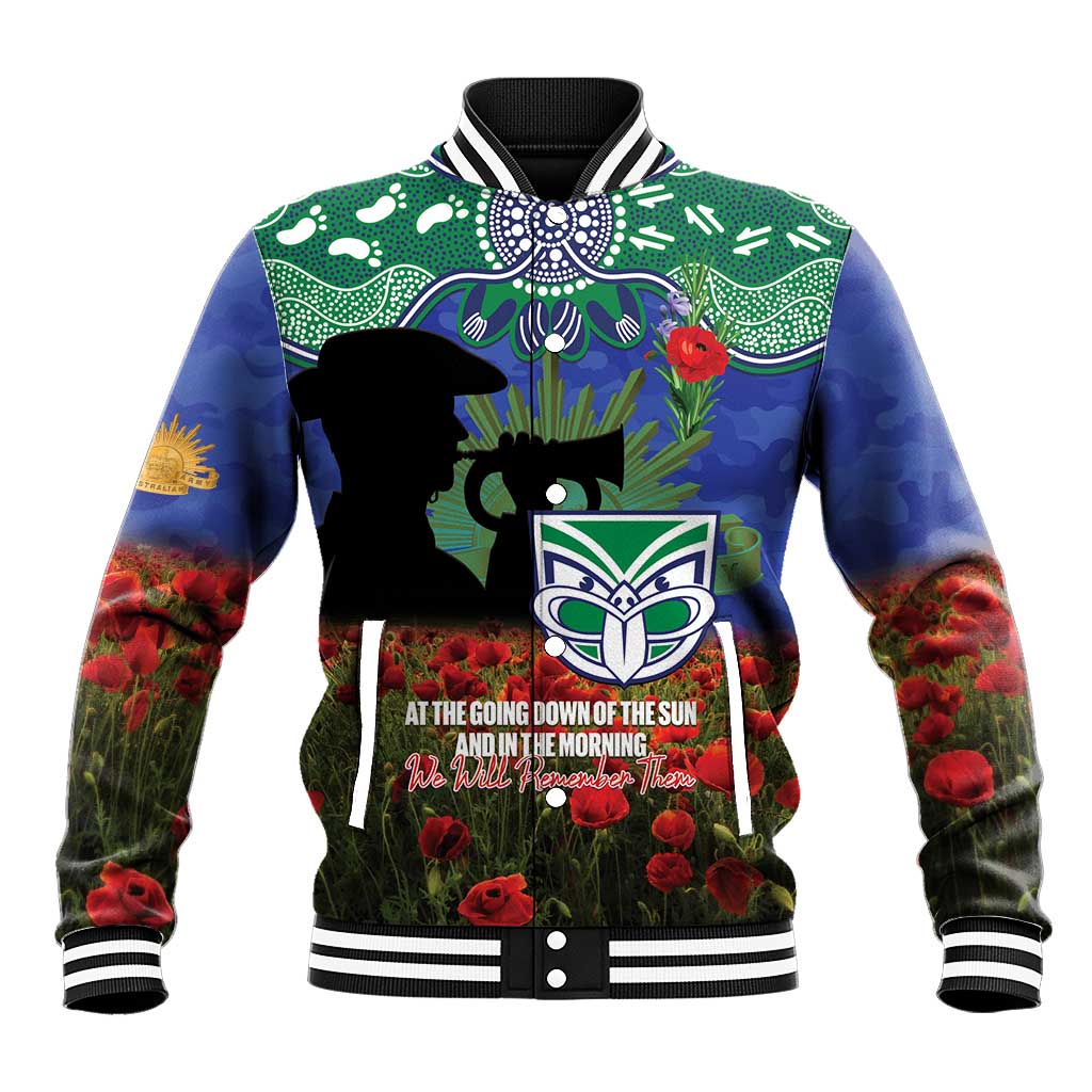 Personalised NZ Warriors Rugby ANZAC Day Baseball Jacket Last Post Poppy We Will Remember Them