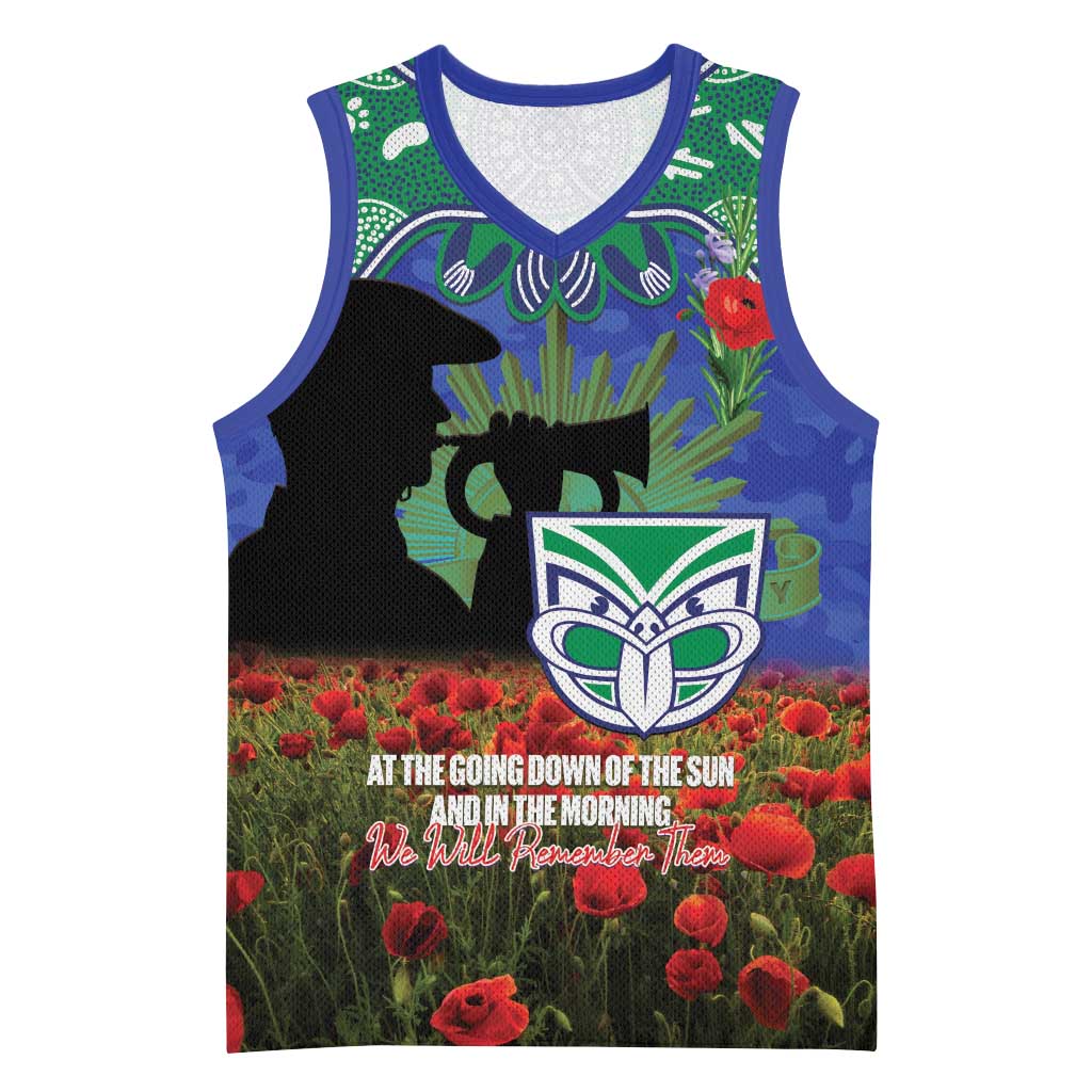 Personalised NZ Warriors Rugby ANZAC Day Basketball Jersey Last Post Poppy We Will Remember Them