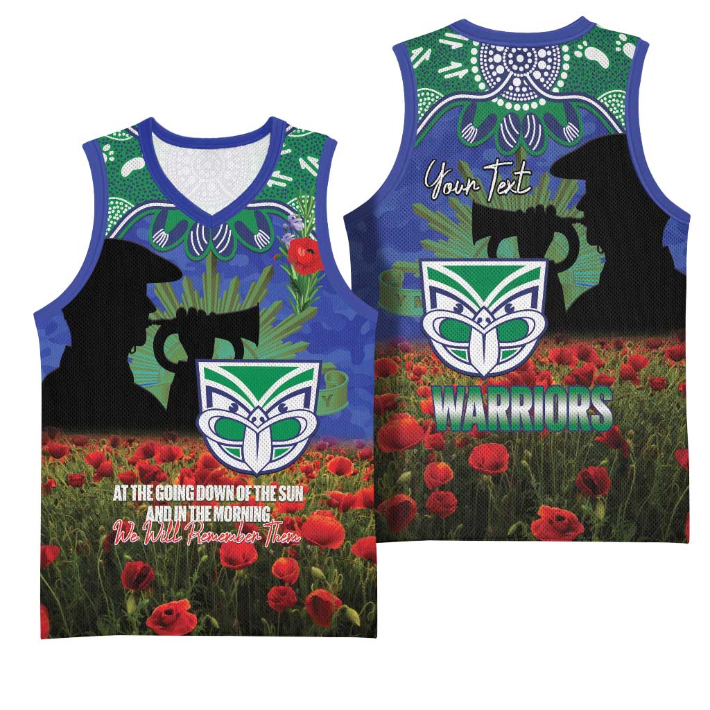 Personalised NZ Warriors Rugby ANZAC Day Basketball Jersey Last Post Poppy We Will Remember Them