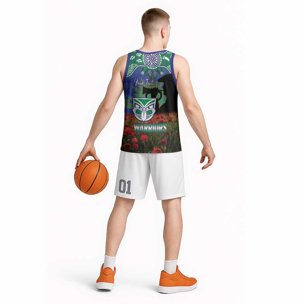 Personalised NZ Warriors Rugby ANZAC Day Basketball Jersey Last Post Poppy We Will Remember Them