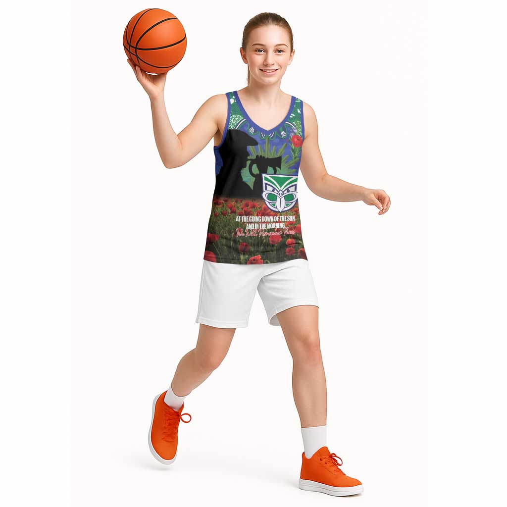 Personalised NZ Warriors Rugby ANZAC Day Basketball Jersey Last Post Poppy We Will Remember Them
