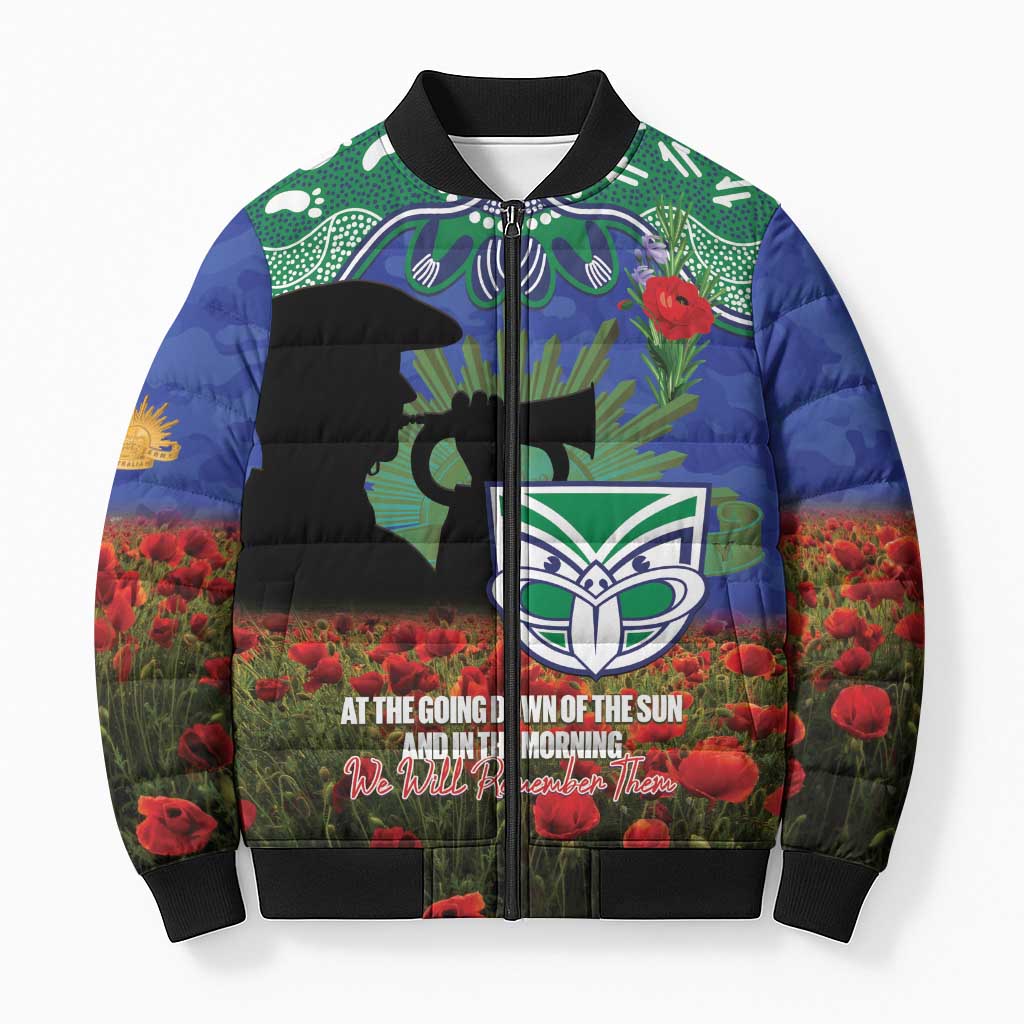 Personalised NZ Warriors Rugby ANZAC Day Bomber Puffer Jacket Last Post Poppy We Will Remember Them
