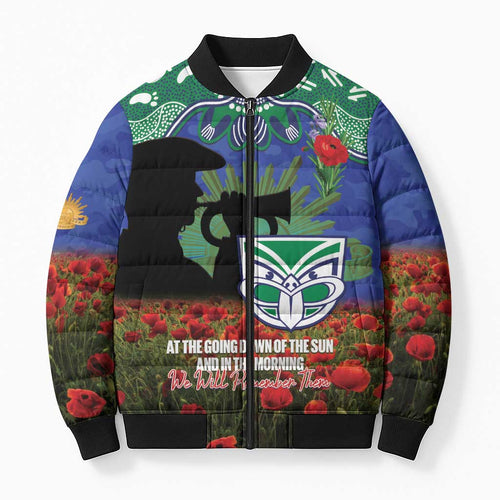 Personalised NZ Warriors Rugby ANZAC Day Bomber Puffer Jacket Last Post Poppy We Will Remember Them