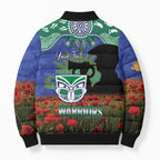 Personalised NZ Warriors Rugby ANZAC Day Bomber Puffer Jacket Last Post Poppy We Will Remember Them