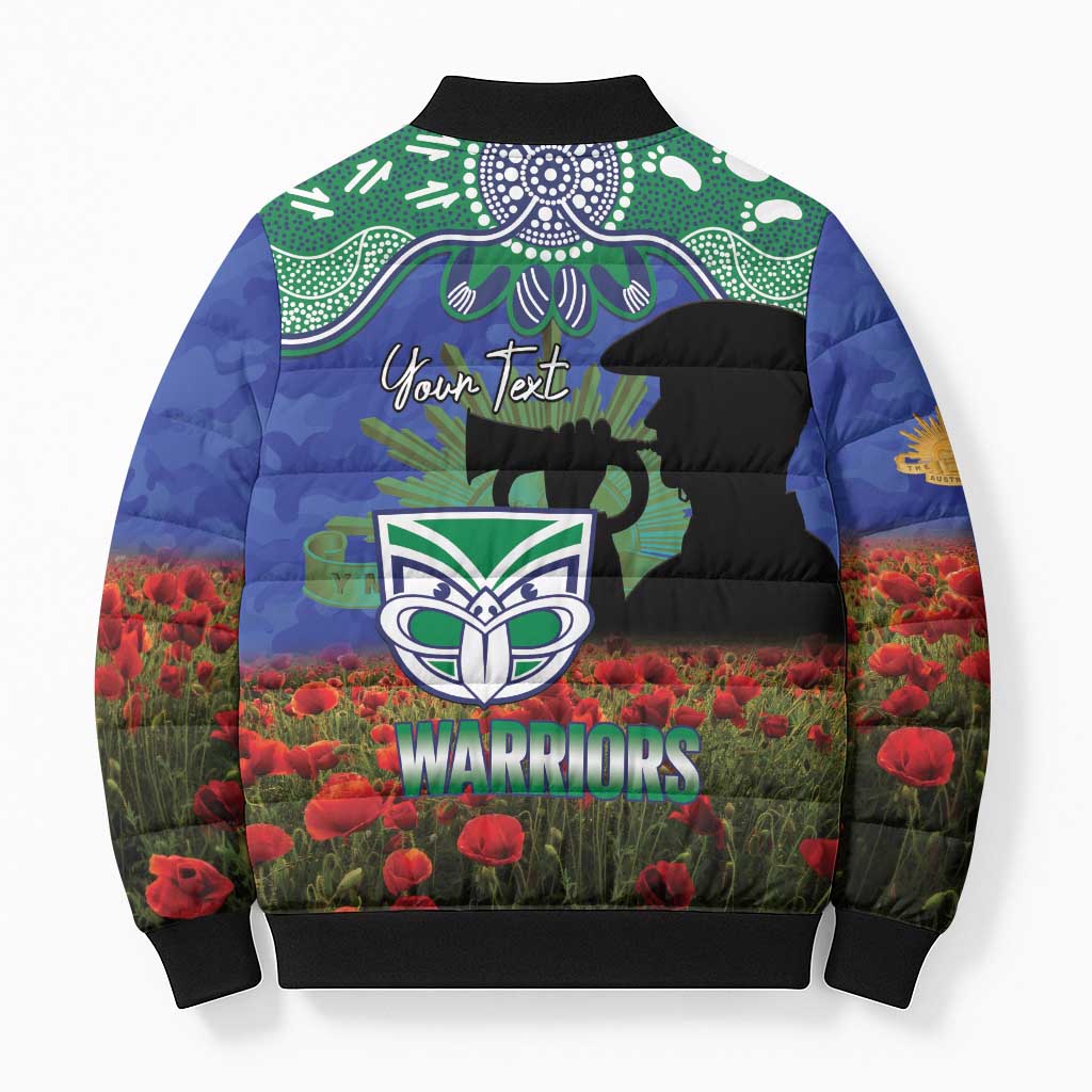 Personalised NZ Warriors Rugby ANZAC Day Bomber Puffer Jacket Last Post Poppy We Will Remember Them