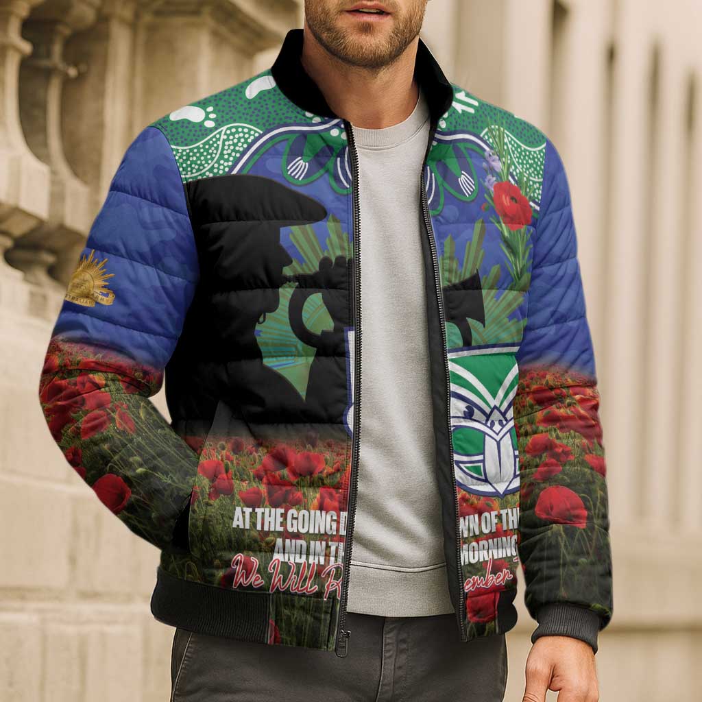 Personalised NZ Warriors Rugby ANZAC Day Bomber Puffer Jacket Last Post Poppy We Will Remember Them