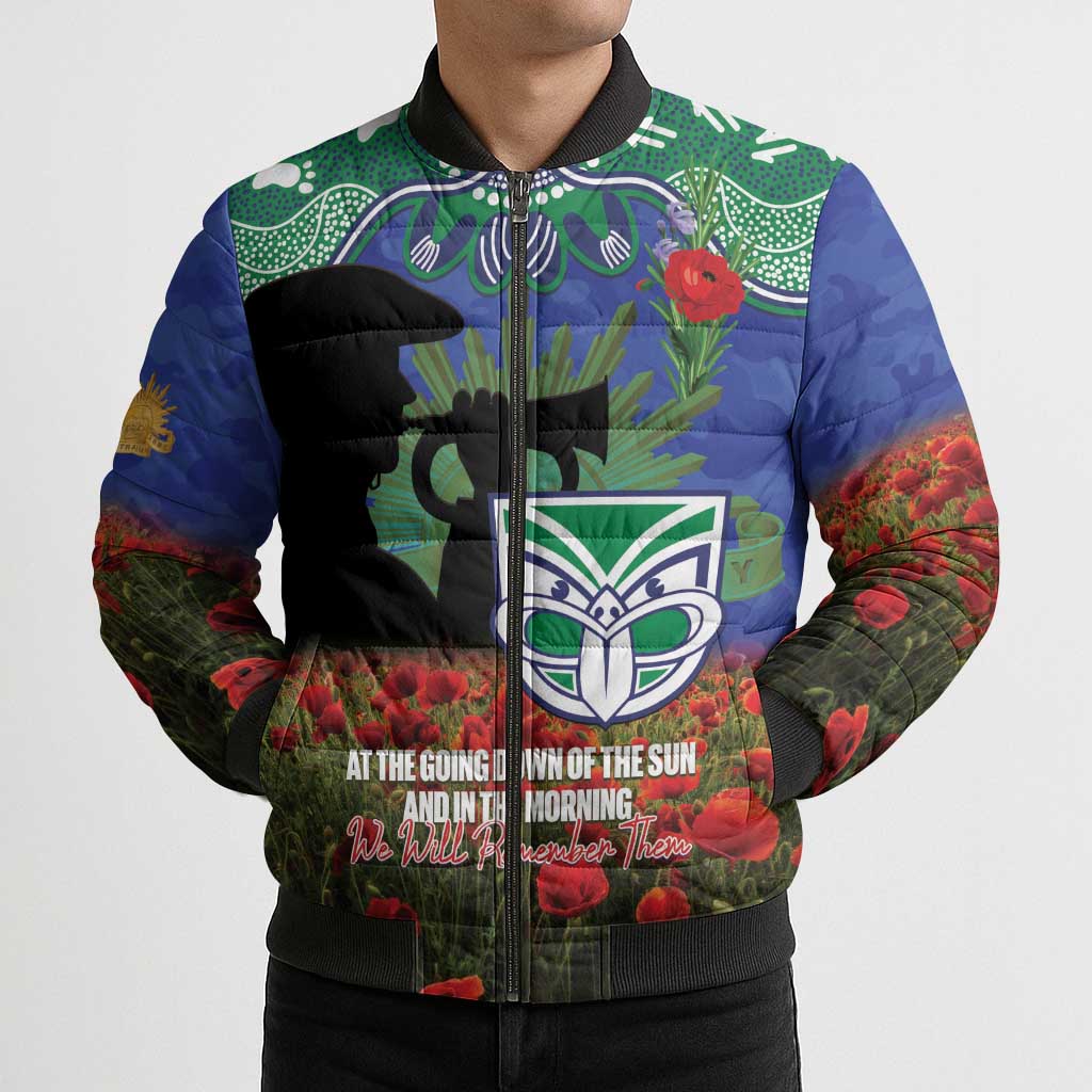 Personalised NZ Warriors Rugby ANZAC Day Bomber Puffer Jacket Last Post Poppy We Will Remember Them