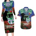 Personalised NZ Warriors Rugby ANZAC Day Couples Matching Long Sleeve Bodycon Dress and Hawaiian Shirt Last Post Poppy We Will Remember Them
