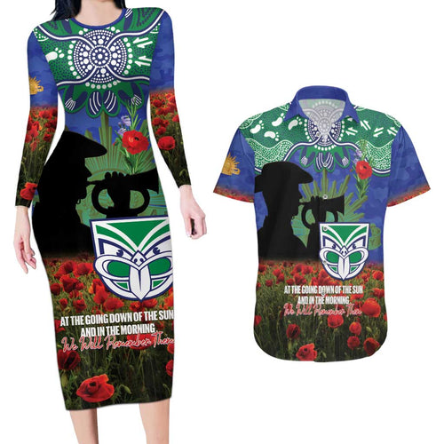 Personalised NZ Warriors Rugby ANZAC Day Couples Matching Long Sleeve Bodycon Dress and Hawaiian Shirt Last Post Poppy We Will Remember Them