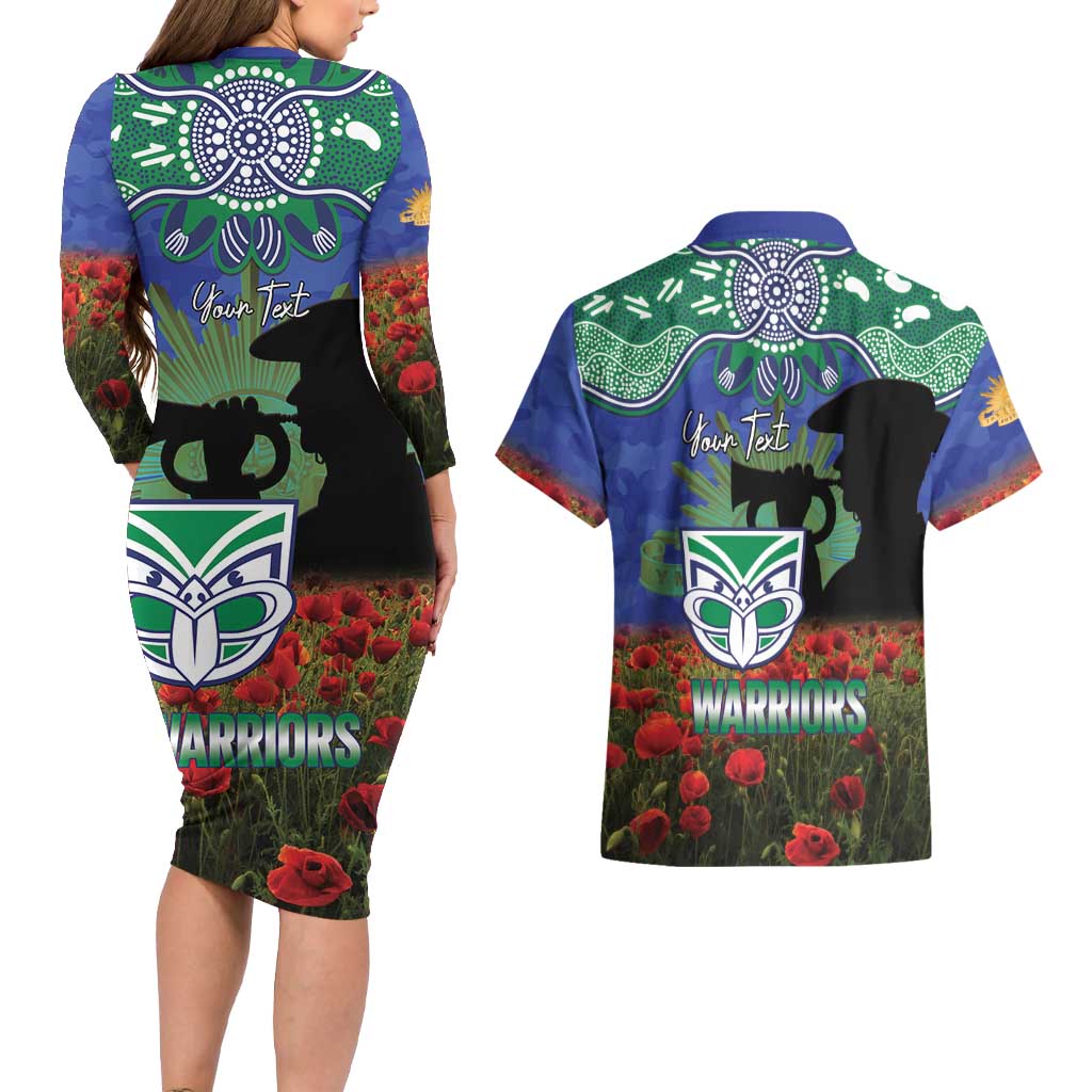 Personalised NZ Warriors Rugby ANZAC Day Couples Matching Long Sleeve Bodycon Dress and Hawaiian Shirt Last Post Poppy We Will Remember Them