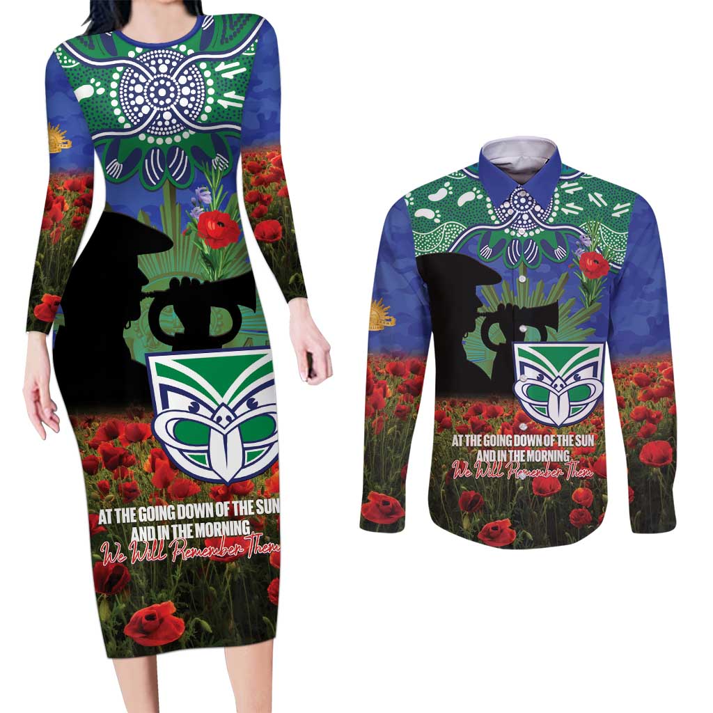 Personalised NZ Warriors Rugby ANZAC Day Couples Matching Long Sleeve Bodycon Dress and Long Sleeve Button Shirt Last Post Poppy We Will Remember Them